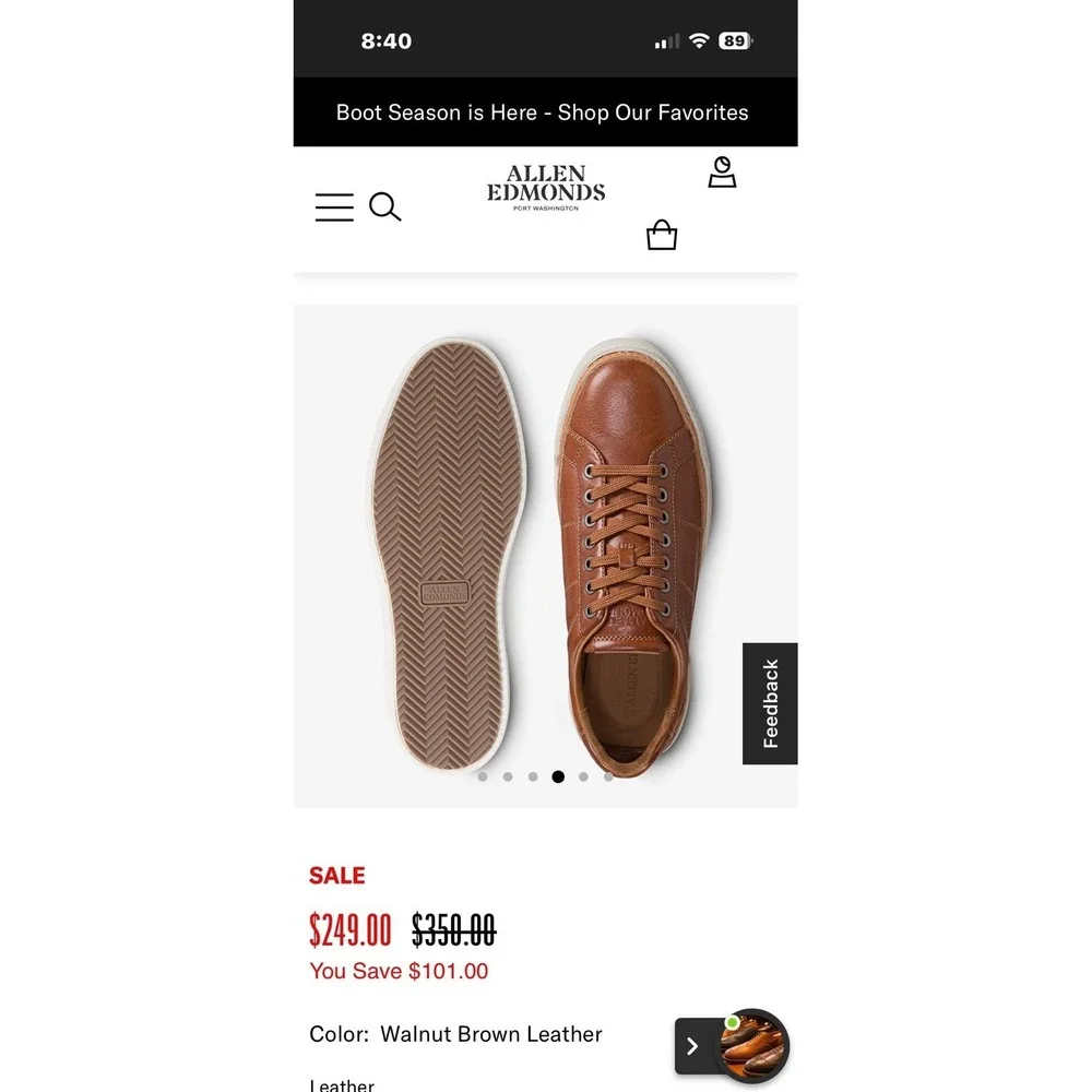 Allen Edmonds Porter City Derby Leather Sneaker 13B Walnut Brown Retails $249